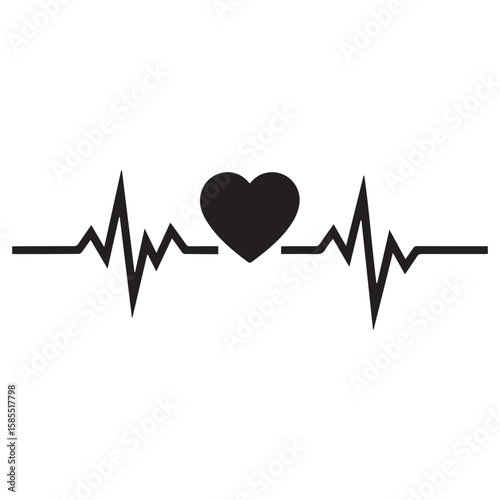 Black heart symbol integrated into a continuous electrocardiogram heartbeat line on a white background
