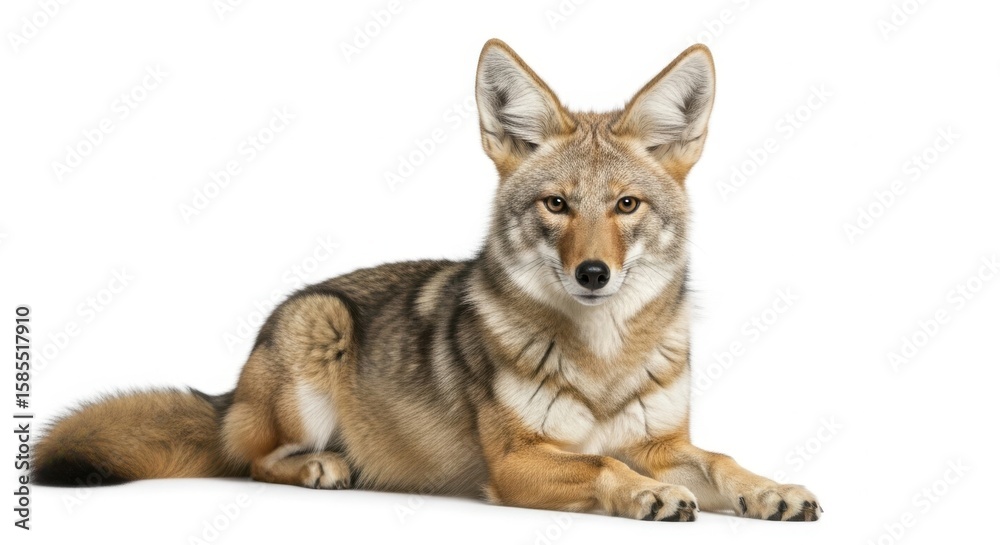 Fototapeta premium A lone coyote rests peacefully on a pure white background