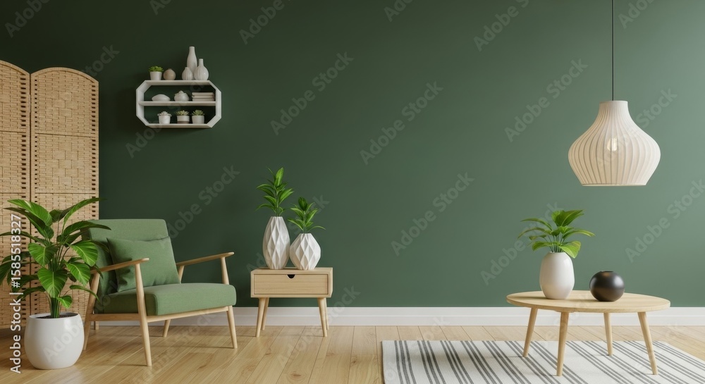 Obraz premium Modern interior design featuring a green wall, stylish furniture, and decorative plants in a cozy setting