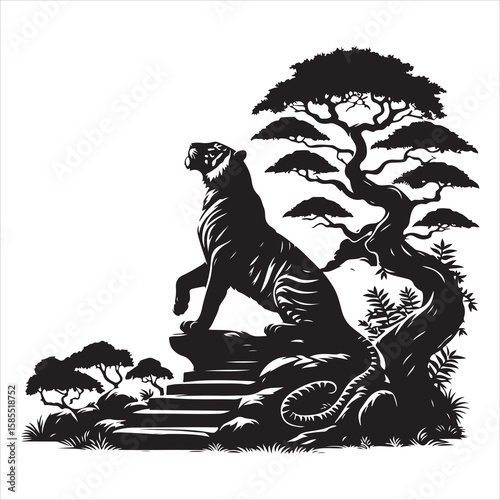 siting tiger face Silhouette Vector Art, and Graphic, vector black color silhouette , solated white background 