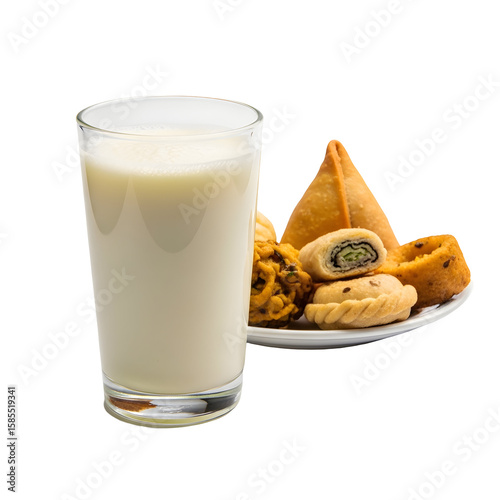 Milk glass with Indian snack platter