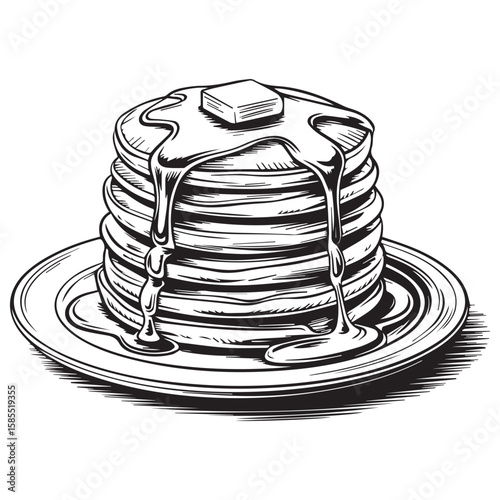 Classic black and white illustration of a stack of fluffy pancakes drizzled with syrup and topped with a pat of butter