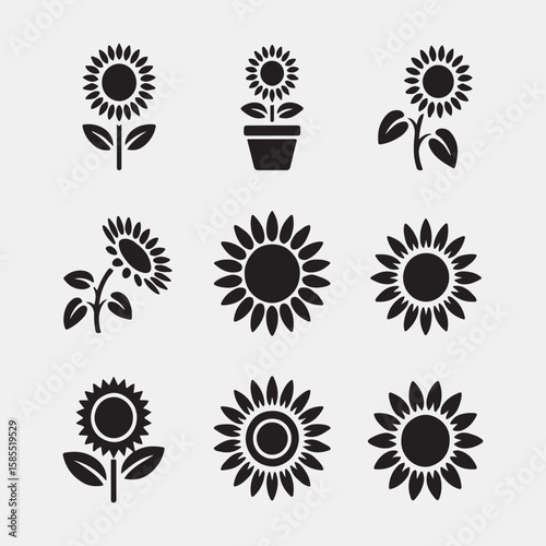 Set of Black and White Sunflower Icons
