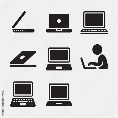 Vector Icons of Open and Closed Laptops and a User Working
