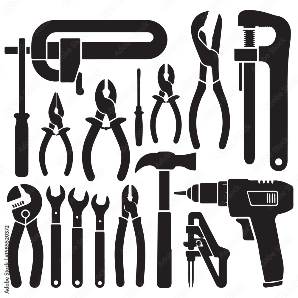 Obraz premium Collection of black silhouette icons representing various hand tools and a power drill on a white background