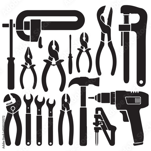 Collection of black silhouette icons representing various hand tools and a power drill on a white background
