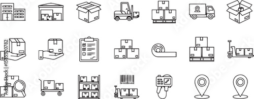 Collection of line icons representing logistics shipping warehousing and delivery services