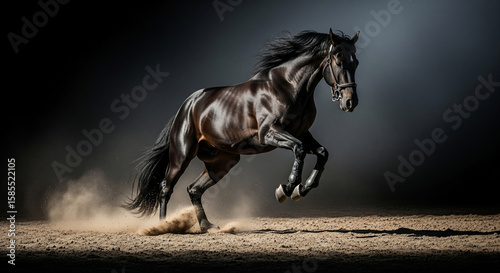 A dark, powerful horse leaps forward, kicking up dust in a dramatic, dynamic pose against a dark background.
