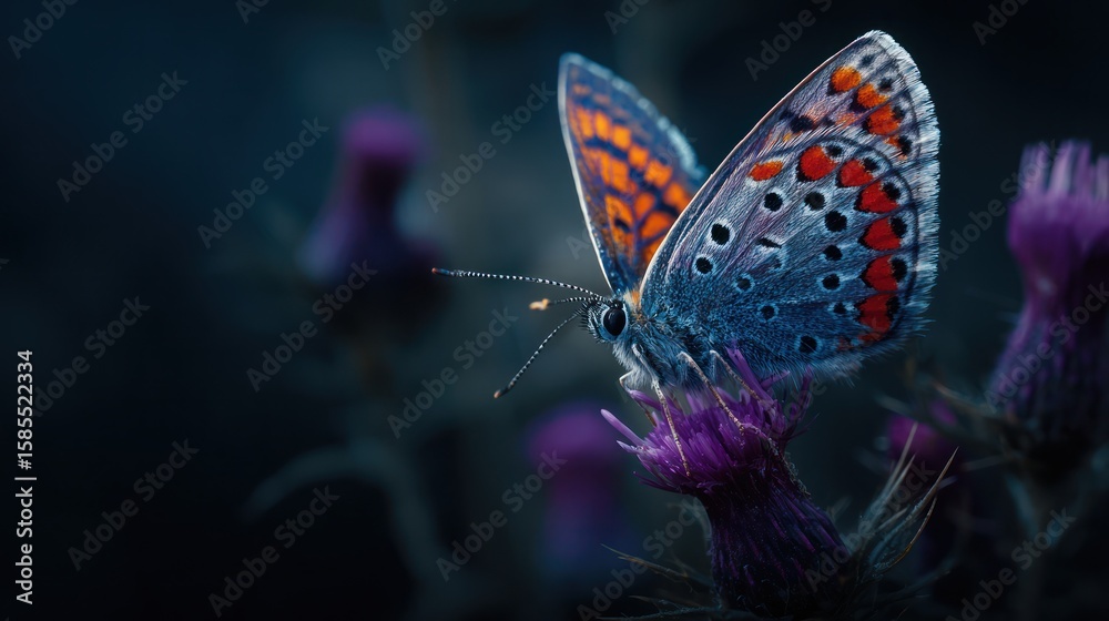 Fototapeta premium Butterfly rests atop a thistle flower with a softly blurred, moody background