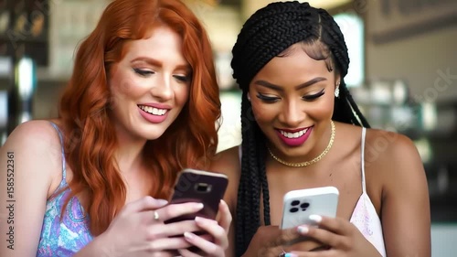 Cheerful diverse female friends engaged with their smartphones browsing online and having fun together