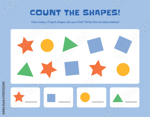 Shape counting game for kids with Orange Stars, Blue Squares, Yellow Circles and Green Triangles. Educational worksheet to count and write quantity of each shape. Flat vector illustration for activity