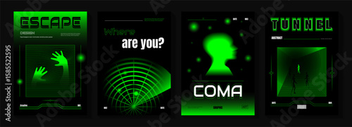 Set of vector abstract conceptual neon posters in green and black tones. Modern minimalistic retrofuturistic psychological design template cover for social networks, banners and ads.