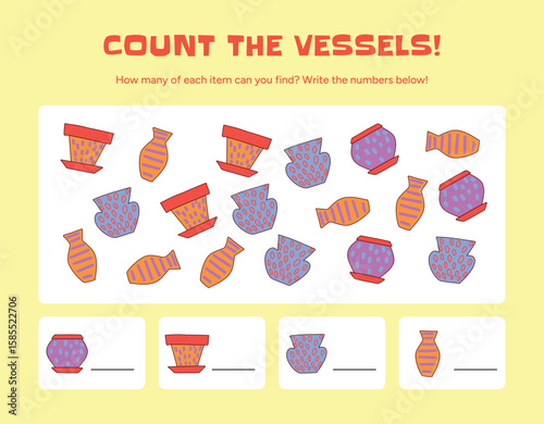 Vessel counting game for kids with colorful Pots, Vases, Jars and Decorative Containers. Educational worksheet to count each type and write numbers. Flat cartoon vector illustration for children