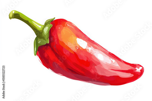 Vibrant Red Chili Pepper Illustration with Fresh Stem on White Background.