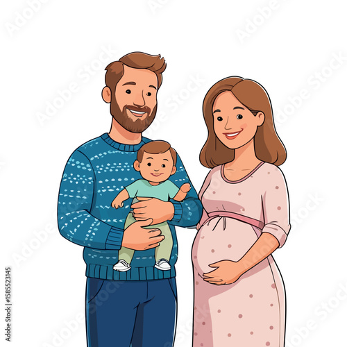 A pregnant mother and father, their baby  smiling together