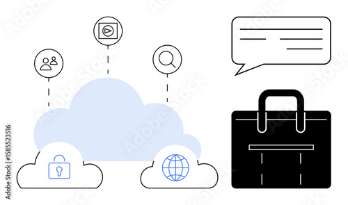 Cloud storage icons connecting users, video, search, security, and global access. Business briefcase and chat bubble emphasize efficiency, collaboration, networking. Ideal for technology startups
