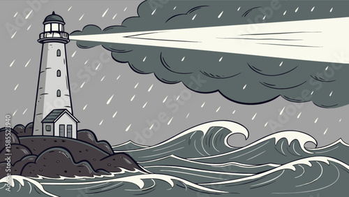 Lighthouse stormy weather ocean waves illustration coastal scene beacon maritime safety navigation aid drawing