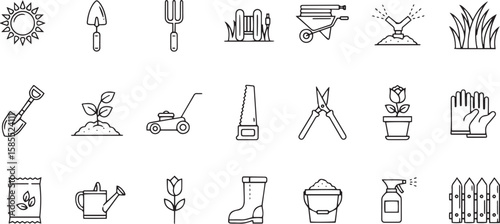 Collection of gardening tools and elements for outdoor planting and lawn care