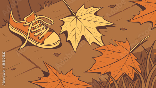 Autumn season orange shoe with fallen leaves vector illustration art design for fall season landscape scene