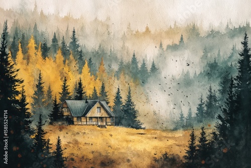 Forest cabin surrounded by misty mountains and autumn trees at dawn