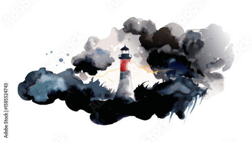 Watercolor lighthouse painting stormy weather art print nautical illustration ocean scene seascape coastal design drawing