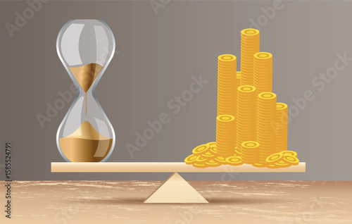 Balance Between Time and money concept. Sand clock and stacked coins on Seesaw. Copy space