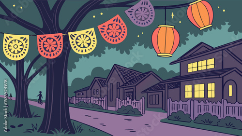 Cinco de mayo festival street with paper lanterns and flags celebration illustration vector design