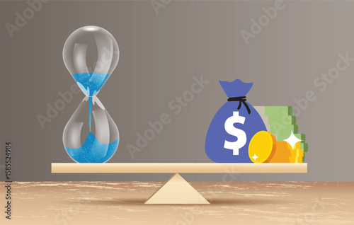 Balance Between Time and money concept. Sand clock and stacked coins on Seesaw. Copy space