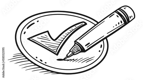 Check mark icon with pen drawing vector illustration for approval and confirmation design element symbol
