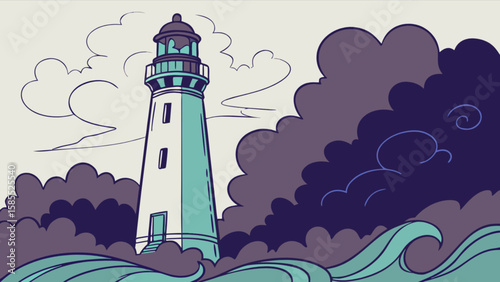 Lighthouse ocean waves stormy weather scenic seascape illustration vector art nautical coastal landscape design