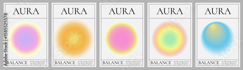 Set of posters with circles with blurred gradients. Vivid futuristic blurry circle banners. Neon aura radial round shape.