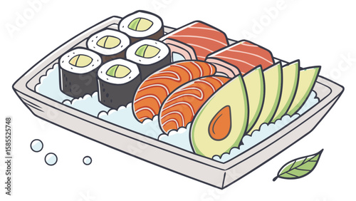 Sushi roll platter with avocado and salmon sashimi japanese food illustration for restaurant menu design 100