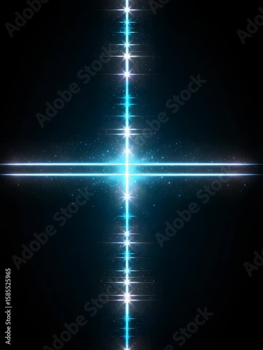 Bright glowing blue light flare in cross formation on dark background with horizontal and vertical rays