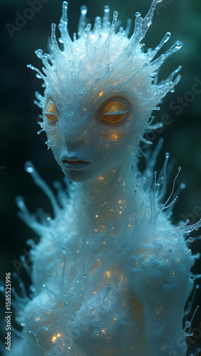 Crystalline Creature of the Deep: An ethereal being, seemingly composed of crystalline structures and glowing luminescence, gazes serenely, evoking a sense of mystery and wonder.