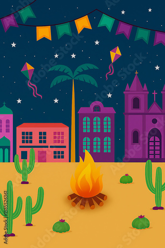 Celebrate the Festa Junina with this vibrant rural illustration: bonfire, cacti, flying kites, and traditional houses under a starry sky.