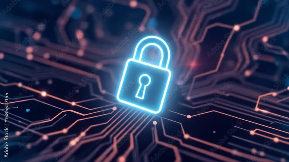Secure Digital Data: Glowing Padlock on a Circuit Board for Cybersecurity Secure Digital Data: Glowing Padlock on a Circuit Board for Cybersecurity