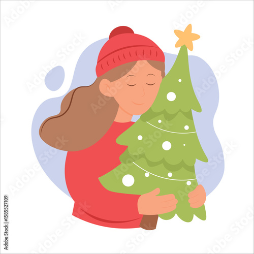 Woman holding Christmas tree. Festive winter concept. Vector illustration in simple style
