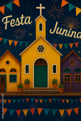 Vibrant illustration of Festa Junina: nighttime scene with church, traditional houses, and fireworks. Perfect for Brazilian cultural themes.