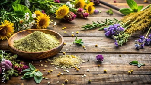Fototapeta Naklejka Na Ścianę i Meble -  Herbs powder scattered on a rustic wooden table with a few herbs sprigs and dried flowers surrounding it, evoking a sense of natural tranquility and relaxation, nature-inspired, aromatherapy