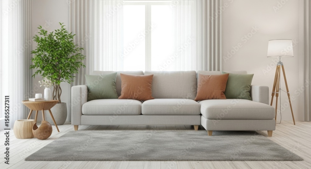 Fototapeta premium Modern living room with a cozy sofa, decorative pillows, and a bright window overlooking greenery