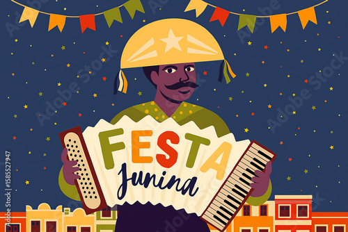 Celebrate Festa Junina with this vibrant illustration of an accordionist, capturing the essence of the popular Brazilian festival with color and joy.