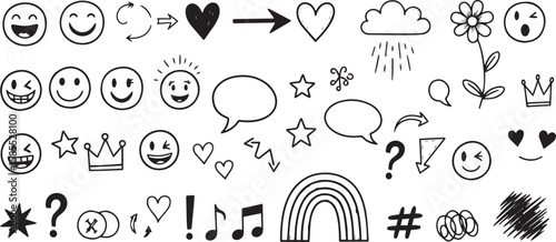 Collection of hand drawn doodle icons featuring smiles hearts arrows and more
