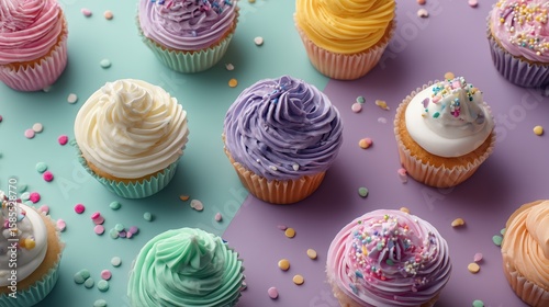 Assortment Of Colorful Cupcakes With Pastel Frosting And Sprinkles On Teal And Lavender Background