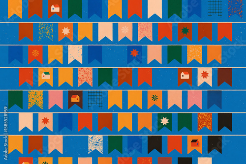 Vibrant background of colorful flags with icons from the Festa de São João festival. Perfect for celebrations, invitations, and June banners.