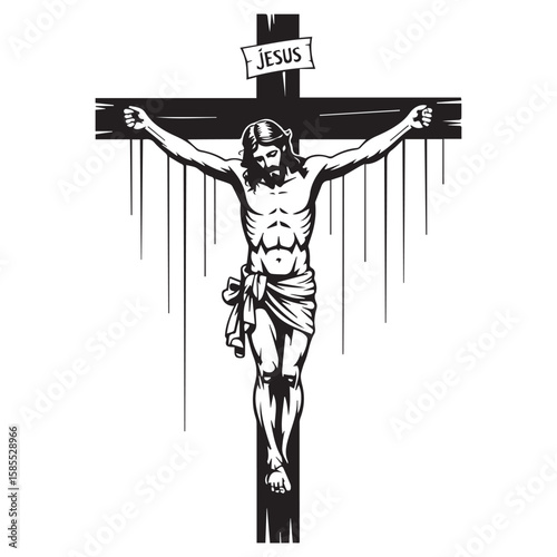 Stylized black and white illustration of jesus christ on the cross with the word jesus on a banner above his head