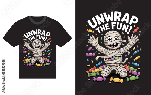 Cute mummy character with candy surrounded by colorful candies and the text unwrap the fun