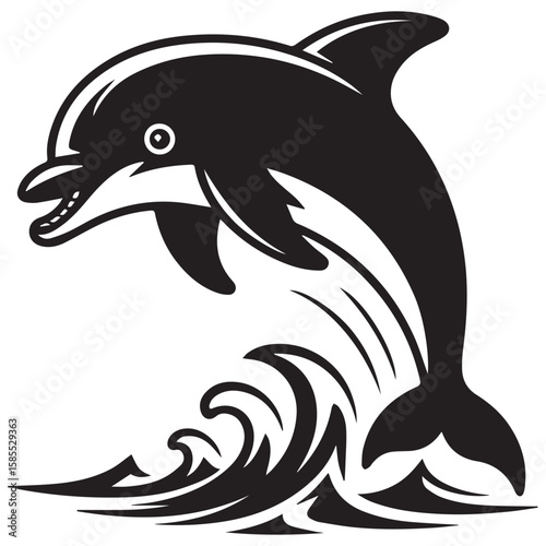 Stylized black and white silhouette of a dolphin leaping through waves with a playful expression
