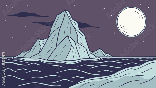 Iceberg landscape at night with full moon vector illustration stock graphic design for print and web