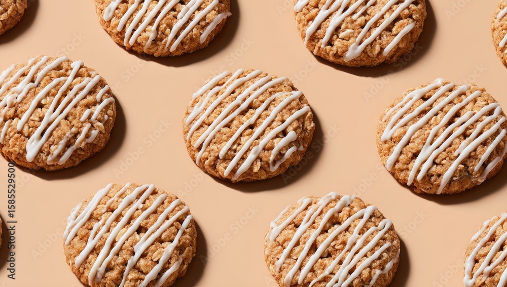Oatmeal cookies, drizzled with white icing, arranged in a grid pattern on a light beige background Oatmeal cookies, drizzled with white icing, arranged in a grid pattern on a light beige background