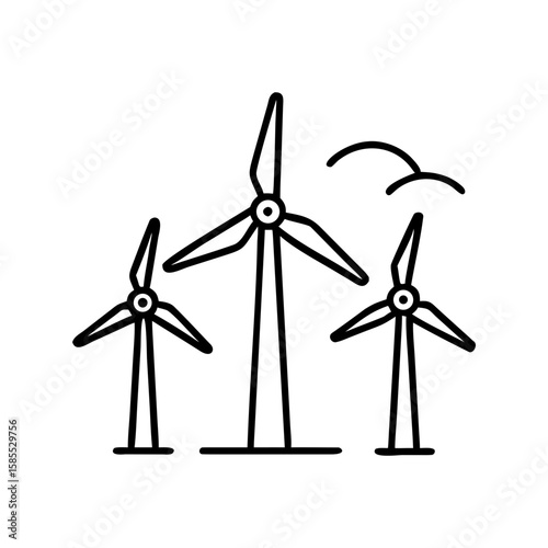 Wind turbines in a minimalist line art style with birds in background  